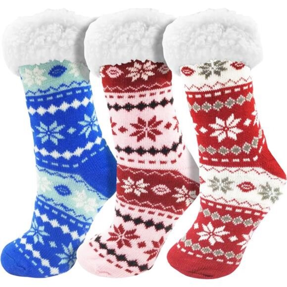 Fuzzy Fluffy Slipper Socks, 3 Pairs Womens Sherpa Non Slip Plush Comfy Cozy - Picture 1 of 7